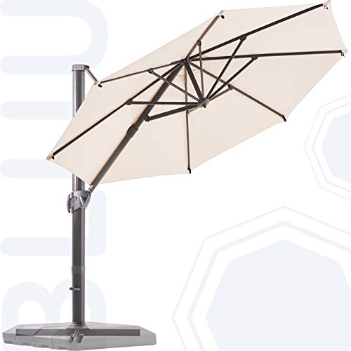 BLUU Redwood 11 FT Patio Umbrella Offset Cantilever Outdoor Umbrella Aluminum Market Hanging Umbrellas with 360° Rotation Device and Unlimited Tilting System & Cross Base (Beige)