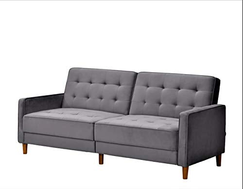 US Pride Furniture Classical Style Soft Square Arm 80’’ Wide Cool Grey Velvet Tufted Twin Size Convertible Sofa Bed with Solid Wooden Legs & High Density Foam (SB9074-9080) Sofabed