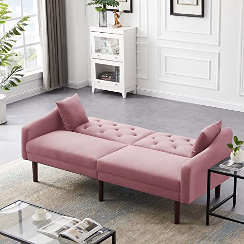 Olela Futon Sofa Bed Convertible Couch Bed with Armrests Modern Living Room Velvet Sofa Bed, Folding Recliner Futon Couch Sleeper Set with Wood Legs, Pink - Velvet