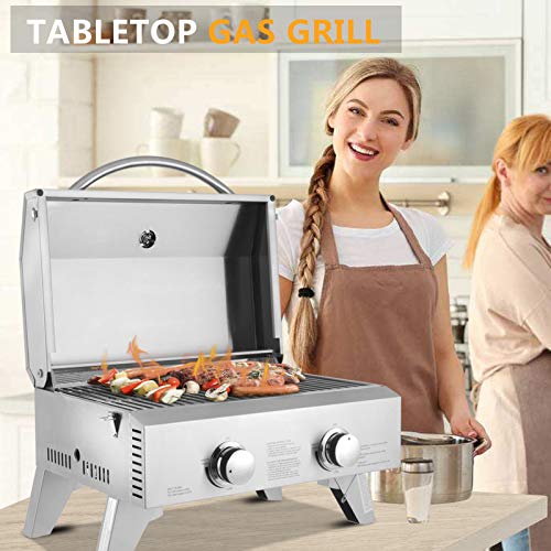 Tabletop Stainless Steel 2-Burner Gas Grill Portable 2000 BTU BBQ Grid with Foldable Legs for Outdoor Camping Picnic