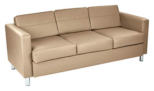 OSP Home Furnishings Ave Six Pacific Sofa with Padded Box Spring Seats and Silver Metal Legs, Dillon Buff Faux Leather