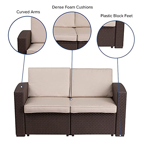 Flash Furniture Chocolate Brown Faux Rattan Loveseat with All-Weather Beige Cushions