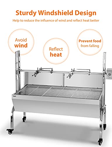 Rotisserie Grill Roaster Stainless Steel BBQ Lamb Suckling Pig Charcoal Spit Roaster Grill with 176LBS Load 25W Electric Motor Wind Baffle for Outdoor Camping Patio Island Backyard