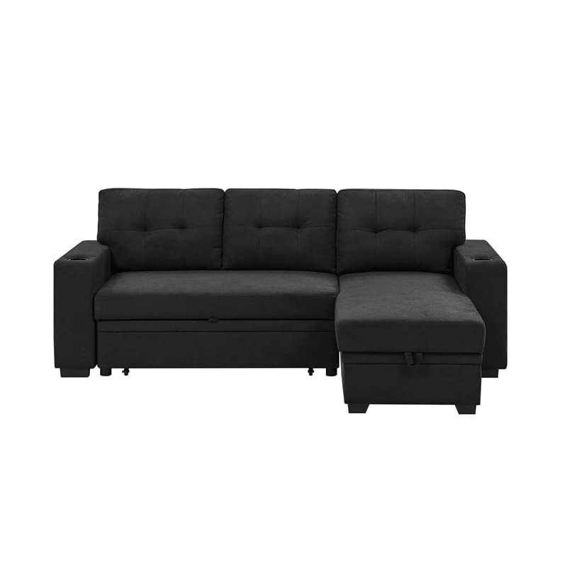 Partner Furniture Upholstery Polyester Blend Fabric Convertible Sectional Sleeper Sofa with Cup Holders in Black