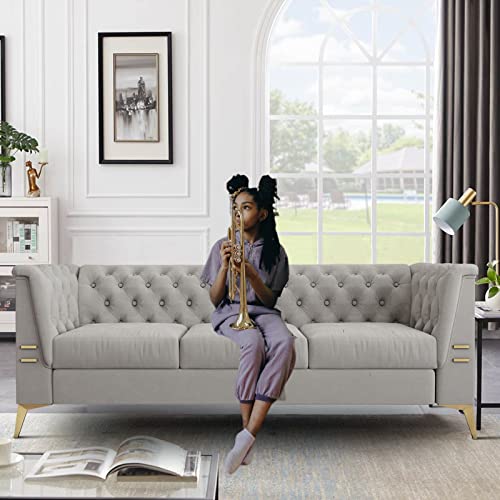 Chesterfield Sofa, Velvet Upholstered Futon Sofa with Flared Arms and Removable Cushions, Sofa Couch with Wood Frame and Gold Legs, Mid Century Tufted Sofa for Living Room (Light Gray)