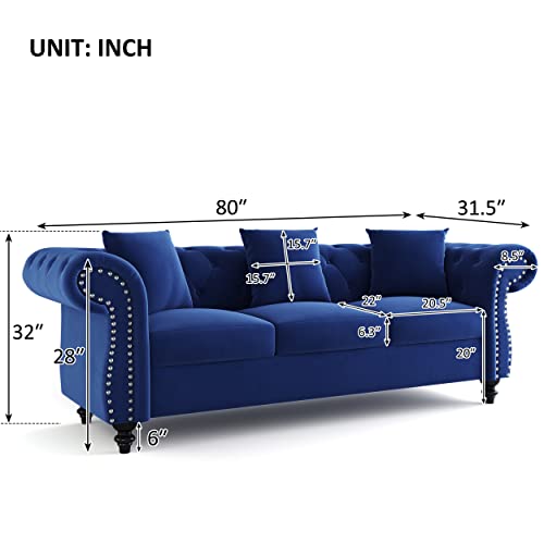 80INCH 3-Seater Sofa Couch with 3 Pillows, Elegant Velvet Sofa Counch Scrolled Arms with Nailhead Decorations, Sofa Couch for Living Room