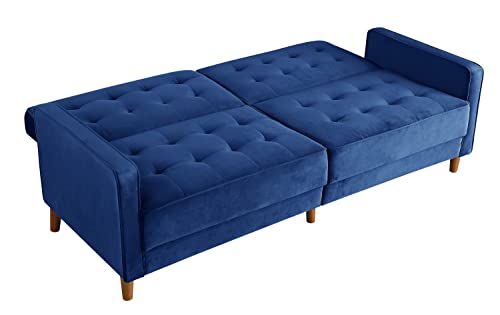 Velvet Sofa Bed Navy Blue,JULYFOX Mid Century Modern Couch Button Tufted 78 inch Wide 8 inch Thicker Futon Sofa Square Armrest Solid Wood Legs Heavy Duty Design