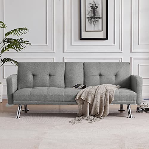 Convertible Folding Sofa Bed with Armrest, Fabric Sleeper Sofa Couch for Living Room (Light Grey)