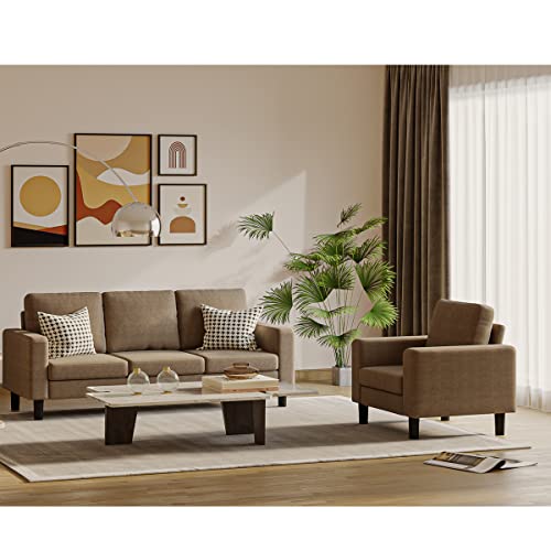 Modern Living Room Sofa Couch 2 Pieces Set, Single Seat Sofa Chair + 3 Seater Sofa Couch (Brown)