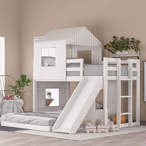 House Bed Bunk Beds with Slide, Wood Bunk Beds with Roof and Guard Rail for Kids, Toddlers, No Box Spring Needed