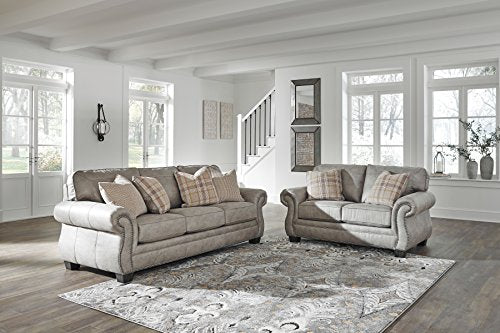 Signature Design by Ashley Olsberg Faux Leather Upholstered Loveseat with Nailhead Trim and 2 Accent Pillows, Gray