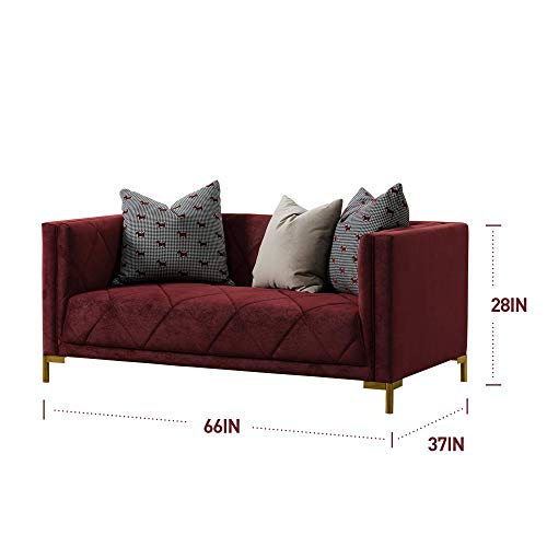 Acanva Velvet Living Room Small, Mid-Century Modern Sofas, 66”W Loveseat, Wine Red