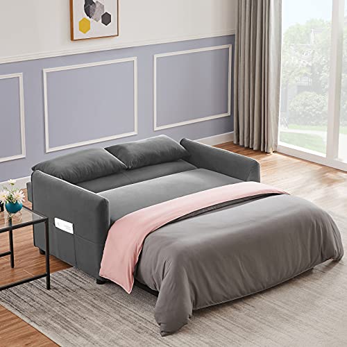 Garhelper Velvet Pull Out Sofa Sleeper,Convertible 3 in 1 Upholstered Loveseat Sleeper Sofa, Adjustable Backrest Save Space Compact Sofa Couch with 2 Lumbar Pillows and Side Pocket for Living Room