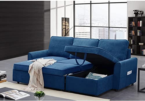 GAOPAN L-Shaped Linen Fabric 3 Seater Corner Couch Sectional Sofa Convertible Sleeper CouchBed for Living Room Bedroom, Pull-Out SofaBed with Reversible Storage Chaise Lounge & Side Pockets, Blue