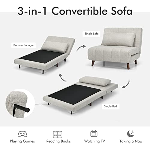 Giantex Sofa Bed Convertible Sleeper Adjustable Recliner Chair 3 in 1 Multi-Function 3-Position Backrest Guest Bed Sofa Couch with Waist Pillow Easy Assembly (Light Gray)