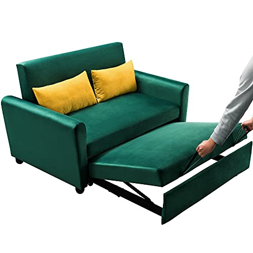 OCTM Adjustable Backrest Sofa for Living Room Small Spaces, Pull Out Sofa Sleeper, 2 Seater Functional Bed, Compact (Green)