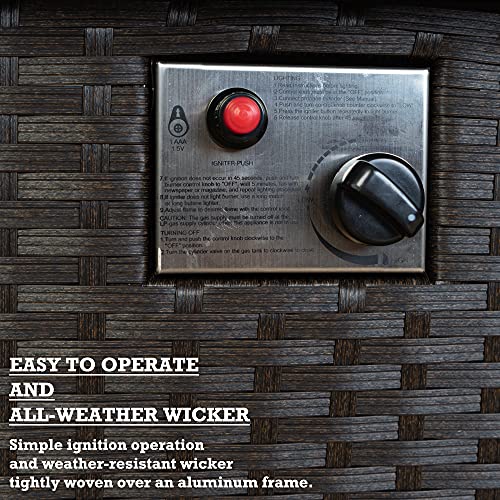 Kozyard 50,000 BTU Outdoor Wicker Patio Propane Gas Fire Pit Table w/Aluminum Tabletop, Glass Wind Guard, Clear Glass Rocks, Cover, Slide Out Tank Holder, and Lid (Brown)