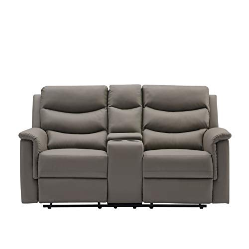DNIEBW Recliner Loveseat Leather Recliner Set Reclining Sofa with Cup Holder 2 Seater Motion Sofa Recliner Couch with Console, 67.7 x 37.8 x 39.3 Inch (Grey)