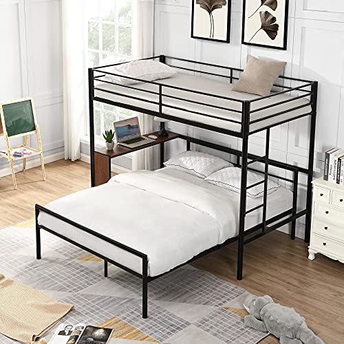 Harper & Bright Designs Twin Over Full Metal Bunk Bed with Study Desk, Ladder, Guardrails and Quality Slats for Bedroom Guest Room, No Box Spring Required (Black)