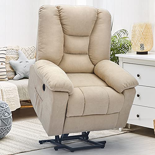 YODOLLA Larger Lift Chair for Elderly, Big and Tall Lift Recliner with Side Pockets,USB Port & Massage Remote Control, Lazyboy Power Rising Recliner with Heat&Vibration Massage,Cream Beige