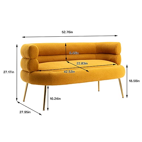 Modern Elegant Loveseat Sofa Creative Upholstered 2-Seater Sofa Couch with Round Back & Arm Stylish Wire Drawing Fabric Love Seats Couches with Gold Legs for Living Room Bedroom Small Space -Mustard