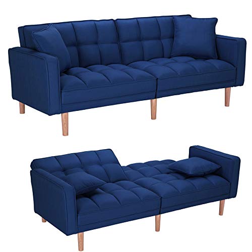 Modern Convertible Futon Sofa Bed,Sleeper Sofa Couch,Sectional Sofa,Fabric Recliner Back and Armrest Sofa Couch with 2 Pillows for Living Room, Bedroom, Office,Navy Blue