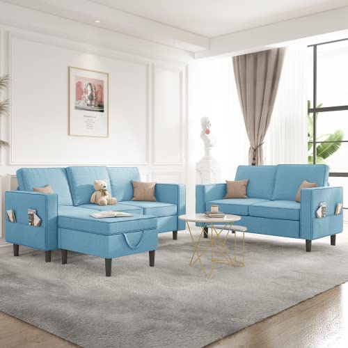 Mjkone Convertible Sectional Sofa Couch with Storage Ottoman, 3 Pcs Couch Set with Storage Pockets, Sectional Couches for Living Room, 3-Seater + Ottoman + 1-Loveseat (Light Blue)