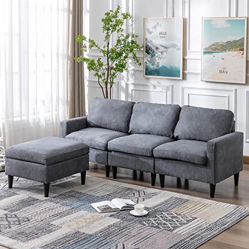CANMOV Convertible Sectional Sofa Couch, Modern Linen Fabric L-Shaped Ottoman Couch with 3-Seat Sofa for Small Living Room, Apartment and Small Space, Gray