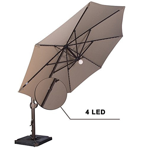 SORARA 11.5 Feet Offset Cantilever Umbrella Round Outdoor Patio Hanging Umbrella with Center Light, Cross Base & 4 pcs Base Weight and Umbrella Cover, Heather Beige
