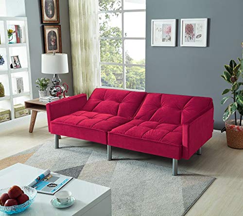 Legend Furniture Velvet Sofa Bed Sleeper with Pillow Sofabed, Small Parcel, Red