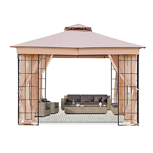 Warmally 10'x10' Gazebo Patios Double Roof Canopy with Mosquito Netting for Shade and Rain Garden Party Camping Outdoor Beige