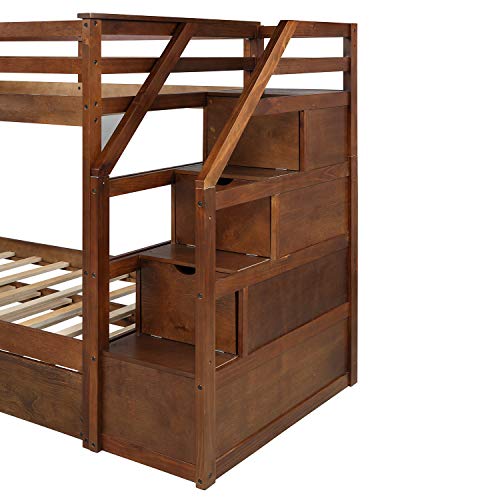 Twin Over Twin Bunk Bed with Trundle, Wooden Twin Over Bed Frame with Storage Drawers and Safety Rail Ladder, Teens Bedroom Bed, Guest Room Furniture (Oak)