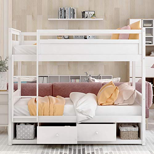 Bunk Beds Twin Over Twin, Solid Wood Bunk Beds with Storage Drawers, No Box Spring Needed