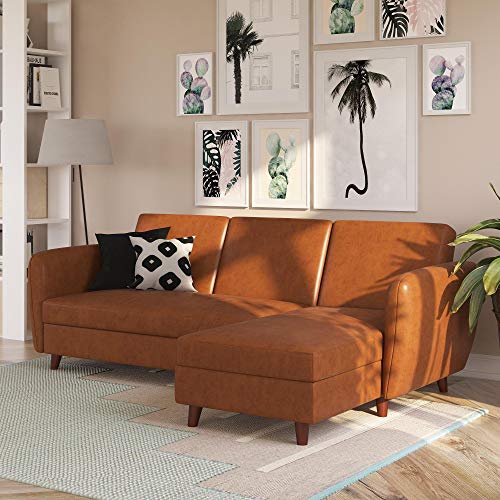 Novogratz Perry Sectional Storage, Convertible Sleeper, Camel Faux Leather Futon