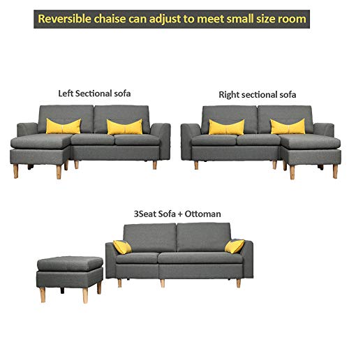 Best-Living Furniture Modern Linen Fabric L-Shaped Small Space Sectional Sofa with Stool, Reversible Chaise, in Grey