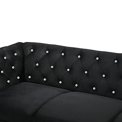 New Classic Furniture Glam Emma Velvet Two Seater Chesterfield Style Loveseat for Small Spaces with Crystal Button Tufts, Black