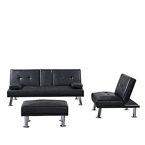 GAOFEIYANG 3pcs Sofa Bed Living Room Furniture Set, 2 Seating Faux Leather Convertible Folding Couch with Cup Holders Removable Armrest,Single Chair with Ottoman
