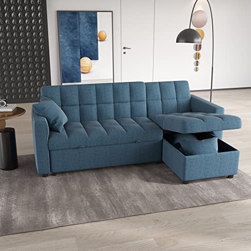 Sdorens Sectional Sleeper Sofa Couch, L Shape Sofa Couch with Ottoman, Reversible Sofa Couch with Pull-Out Bed and Storage for Living Room (Blue)