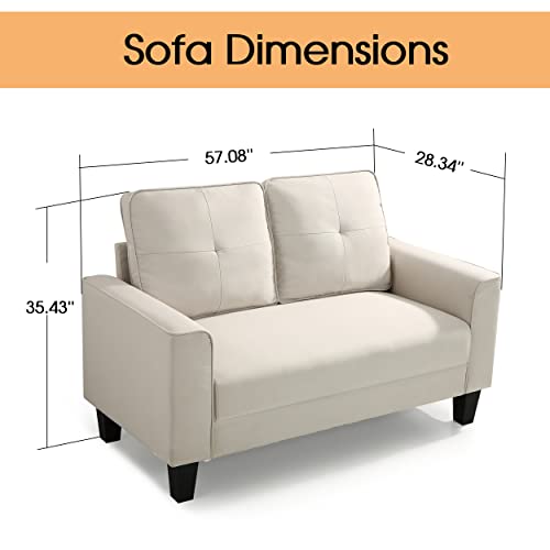 EDILLY Modern Loveseat Sofa Couch, 2 Seats Furniture,Stationary Sofa for Living Room Bedroom Small Apartment, Easy Assembly, Linen Surface, Solid Wood Frame(Loveseat-57'', White)
