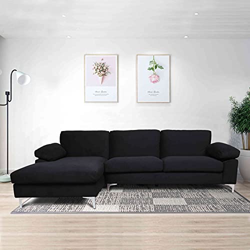 Cotoala Modern Velvet Sectional Sofa, L-Shape Corner Couch with Extra Wide Chaise Lounge, Metal Feet and Removable Cushions, Left Hand Facing, Dark Black