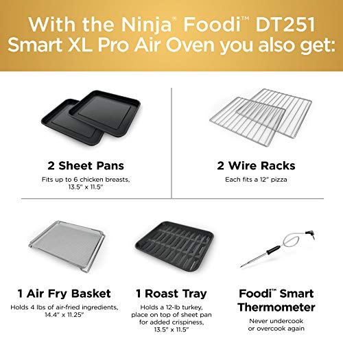 Ninja DT251 Foodi 10-in-1 Smart XL Air Fry Oven, Bake, Broil, Toast, Air Fry, Air Roast, Digital Toaster, Smart Thermometer, True Surround Convection, includes Recipe Book, 1800 Watts, Steel Finish