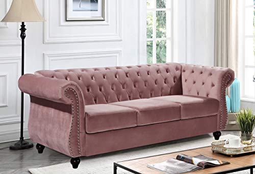 US Pride Furniture Soft Elegant Rose 82.6’’ Wide Velvet Chesterfield Tight Back Rolled Arm Living Room Removable Cushion & Solid Wood Legs (S5677-5682) Sofas