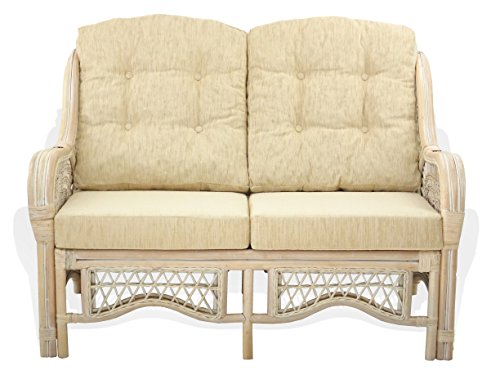 Malibu Lounge Loveseat Sofa Natural Rattan Wicker Handmade Design with Cream Cushions, White Wash