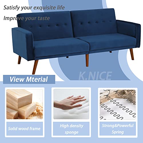 80“ Wide Navy Blue Velvet Couch Square Arm Sleeper Sofa Bed with Solid Wood Legs