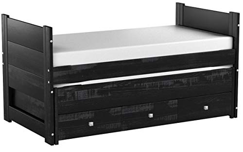 Bedz King All in One Bed with Twin Trundle and 3 Built in Drawers, Weathered Black