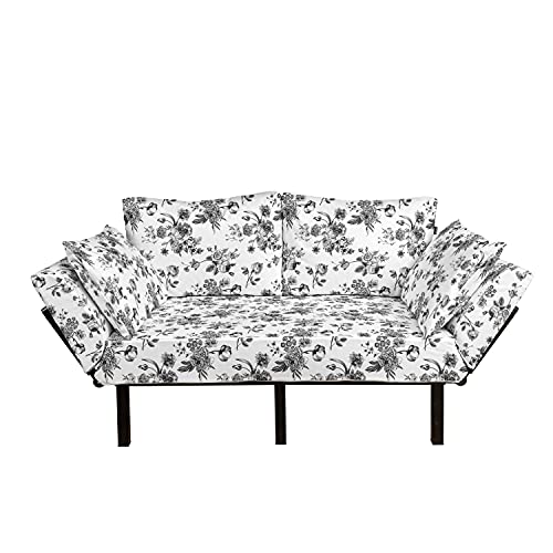 Ambesonne Black and White Futon Couch, Vintage Floral Pattern Victorian Classic Royal Inspired New Modern Art, Daybed with Metal Frame Upholstered Sofa for Living Dorm, Loveseat, Charcoal White