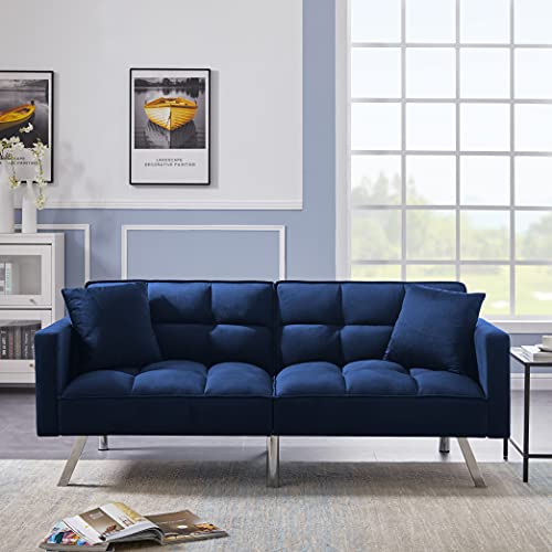 Velvet Futon Sofa Bed with Two Pillows, Convertible Sleeper Sofa Couch with 3 Angle Adjustable Backrest, Modern Loveseat with 6 Metal Legs for Living Room, Bedroom (Blue)