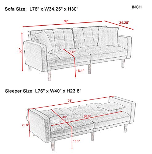 Modern Futon Sofa Bed, Convertible Sleeper Sofa with Armrests and 2 Pillows, Recliner Couch with 5 Solid Wooden Legs, Twin Size Sofa for Living Room Handpicked Fabric (Dark Blue)