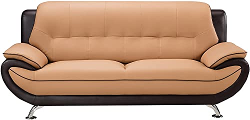 American Eagle Furniture Highland Mid Century Modern Leather Upholstered Living Room Sofa, Yellow/Brown