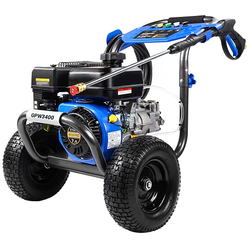 Gas Pressure Washer, 3400 PSI at 2.6 GPM, 5 Kinds of Nozzles, Two 12” Large Wheels, 3.6L Gasoline Tank, Easy Move and Store, for Cleaning Walls, Terraces, Vehicles, Workshops, Gardens, etc